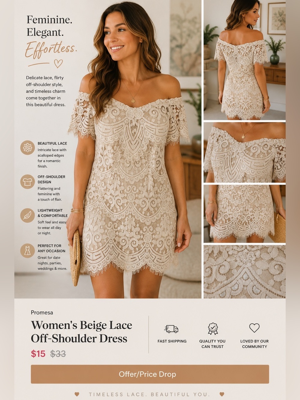 Women's Beige Lace Off-Shoulder Dress